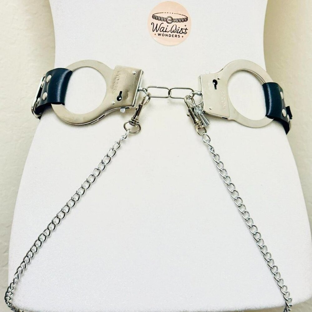 Black and silver faux leather handcuff waist belt